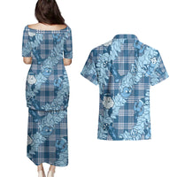 Blue Palaka Hawaii Cowboy Christmas Couples Matching Puletasi and Hawaiian Shirt Paniolo Mix Maile Lei - Polynesian Pride