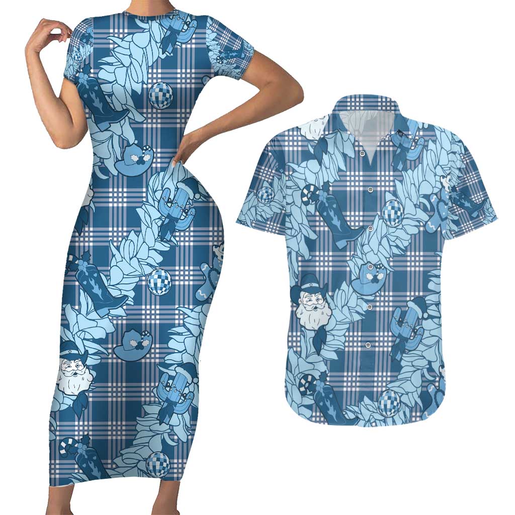Blue Palaka Hawaii Cowboy Christmas Couples Matching Short Sleeve Bodycon Dress and Hawaiian Shirt Paniolo Mix Maile Lei - Polynesian Pride