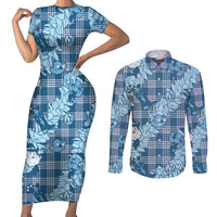 Blue Palaka Hawaii Cowboy Christmas Couples Matching Short Sleeve Bodycon Dress and Long Sleeve Button Shirt Paniolo Mix Maile Lei - Polynesian Pride