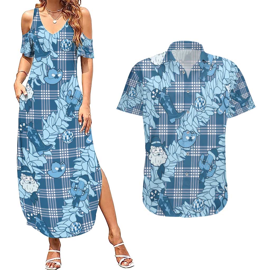 Blue Palaka Hawaii Cowboy Christmas Couples Matching Summer Maxi Dress and Hawaiian Shirt Paniolo Mix Maile Lei - Polynesian Pride