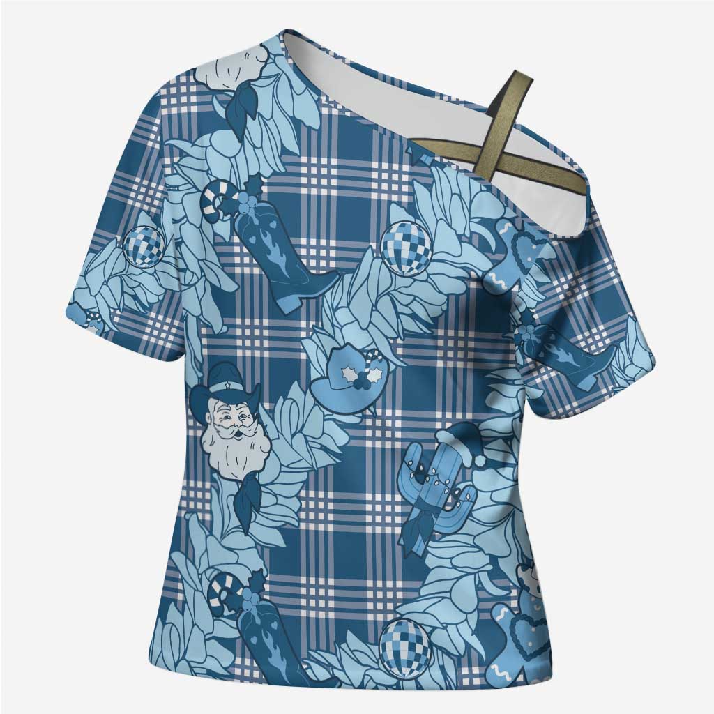 Blue Palaka Hawaii Cowboy Christmas Cross Shoulder Shirt Paniolo Mix Maile Lei - Polynesian Pride