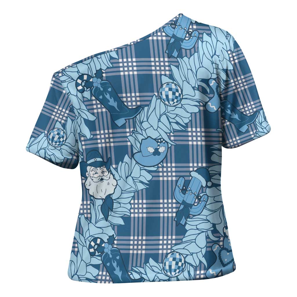 Blue Palaka Hawaii Cowboy Christmas Cross Shoulder Shirt Paniolo Mix Maile Lei - Polynesian Pride