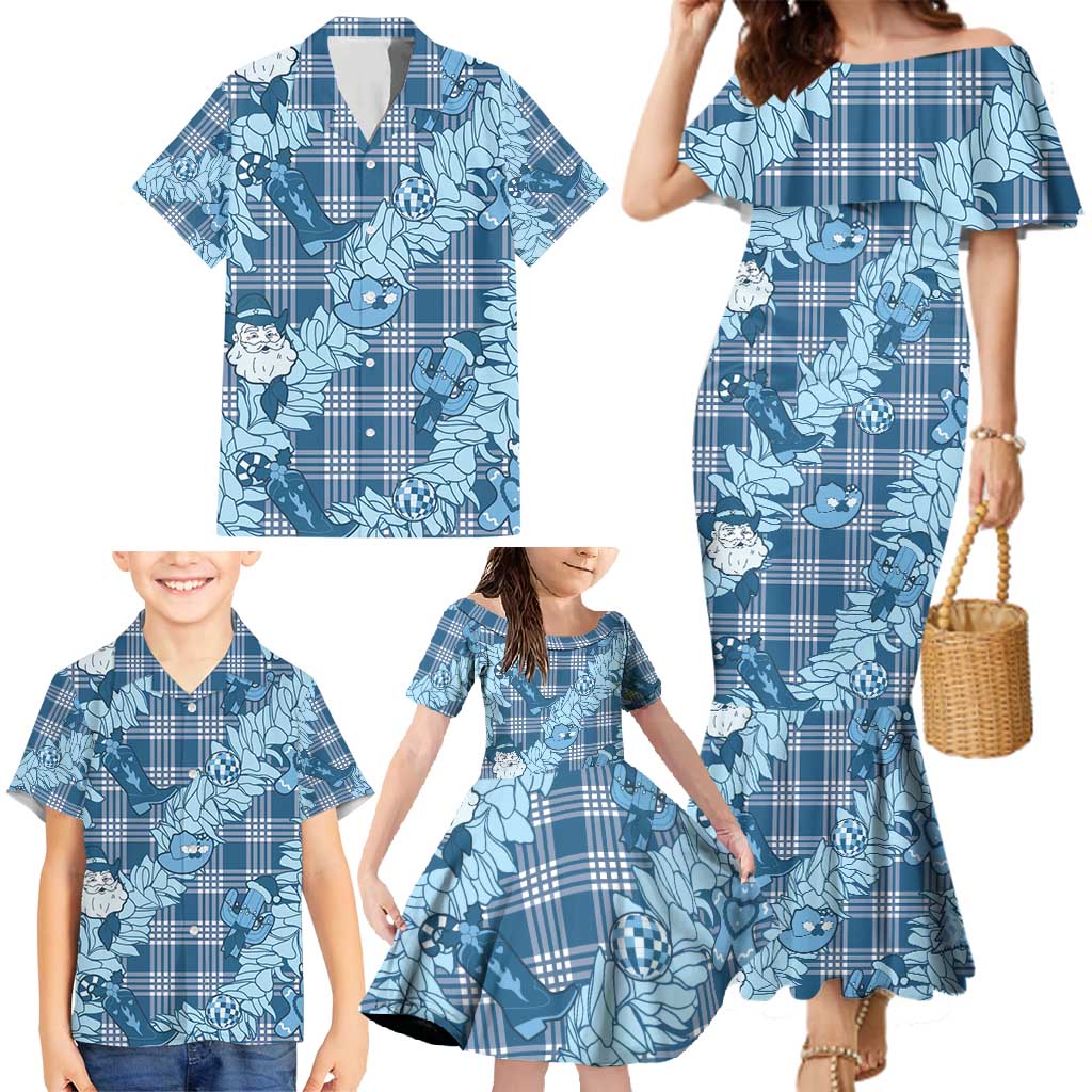 Blue Palaka Hawaii Cowboy Christmas Family Matching Mermaid Dress and Hawaiian Shirt Paniolo Mix Maile Lei - Polynesian Pride