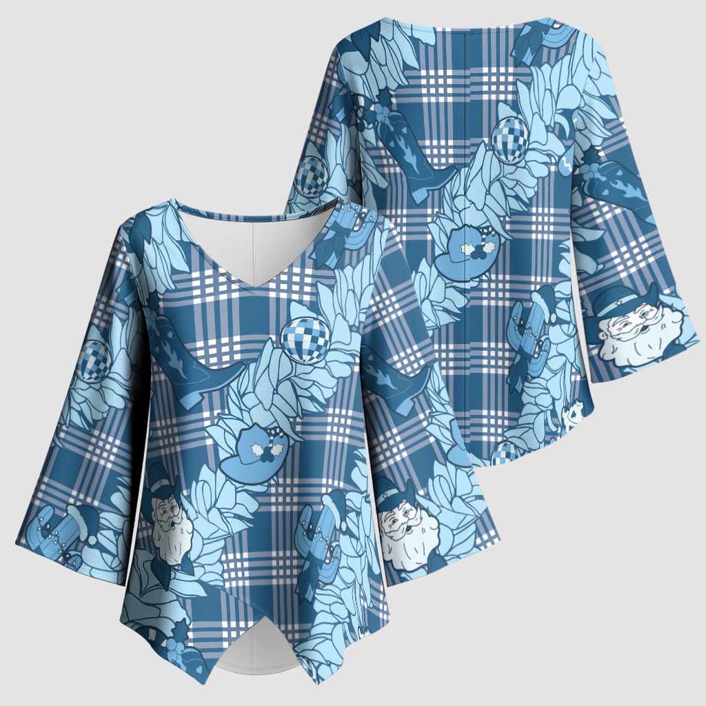 Blue Palaka Hawaii Cowboy Christmas Kimono Sleeve Blouse Paniolo Mix Maile Lei - Polynesian Pride