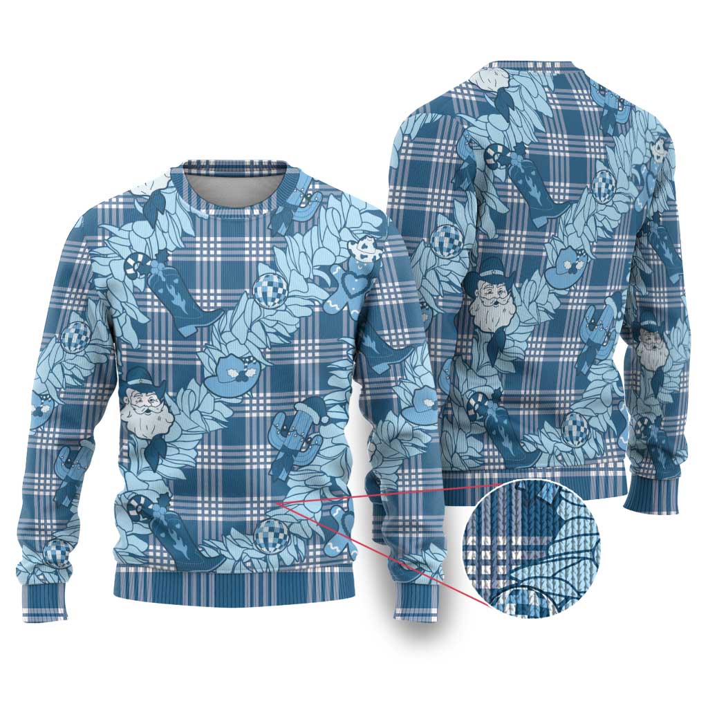 Blue Palaka Hawaii Cowboy Christmas Ugly Christmas Sweater Paniolo Mix Maile Lei - Polynesian Pride