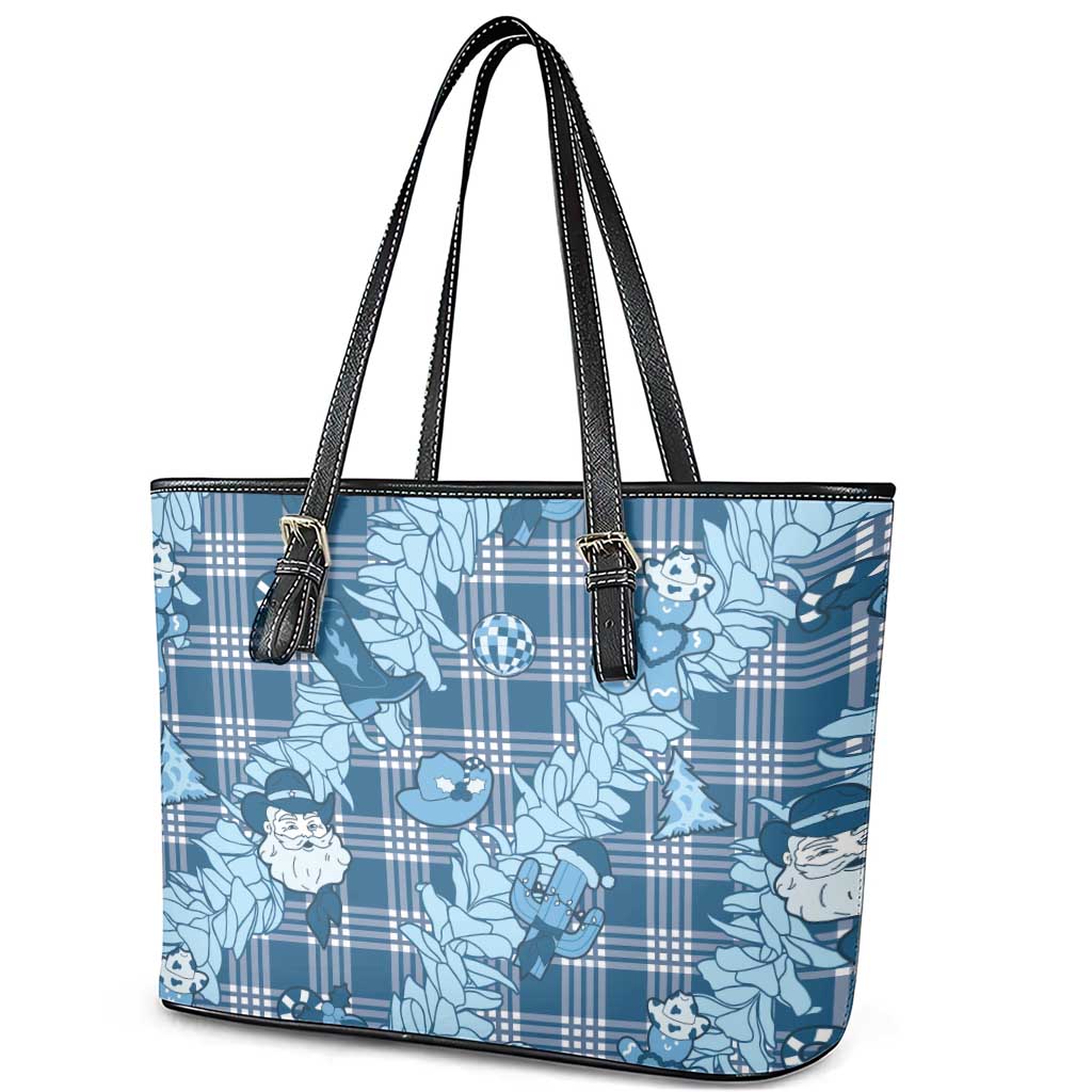 Blue Palaka Hawaii Cowboy Christmas Leather Tote Bag Paniolo Mix Maile Lei - Polynesian Pride