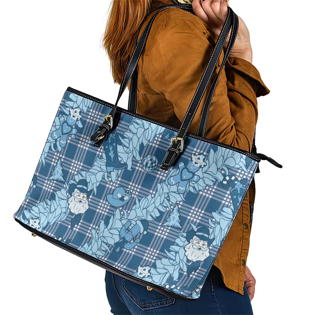 Blue Palaka Hawaii Cowboy Christmas Leather Tote Bag Paniolo Mix Maile Lei - Polynesian Pride