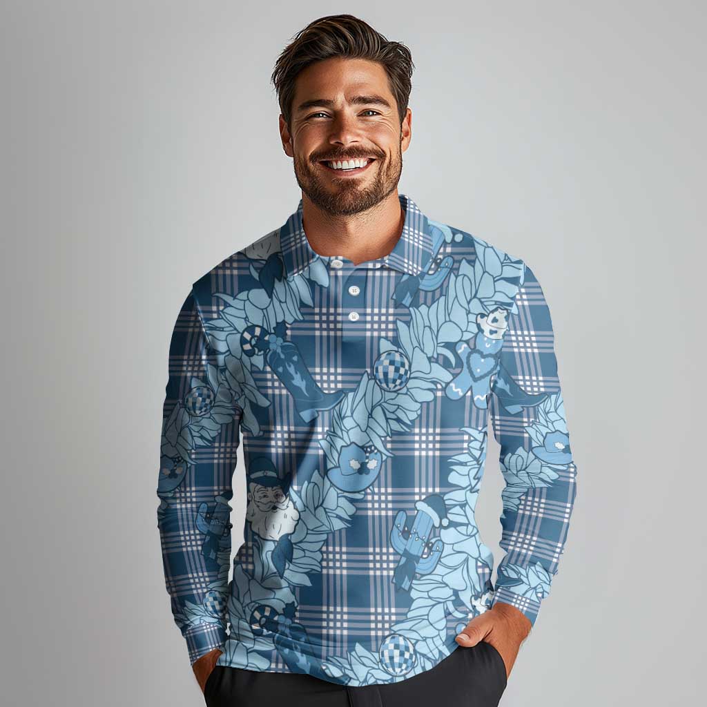 Blue Palaka Hawaii Cowboy Christmas Long Sleeve Polo Shirt Paniolo Mix Maile Lei - Polynesian Pride