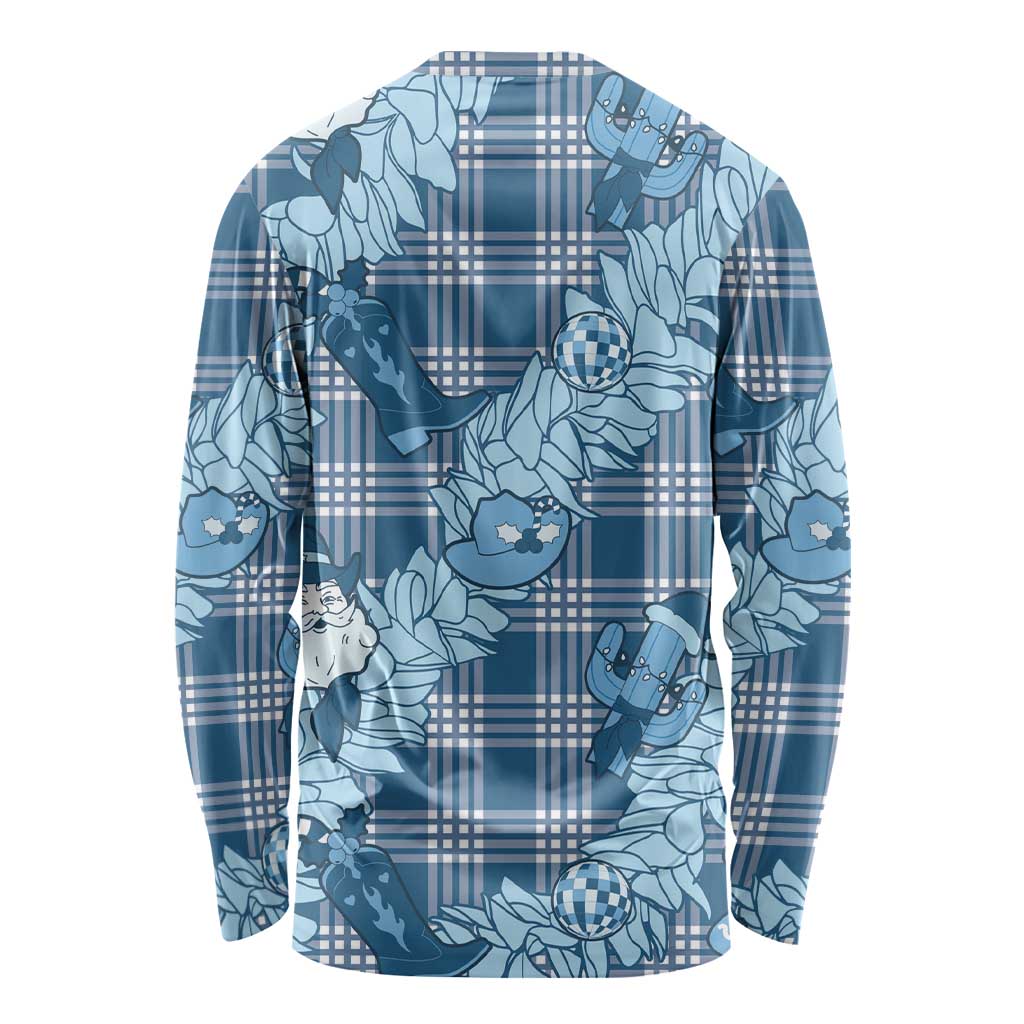 Blue Palaka Hawaii Cowboy Christmas Long Sleeve Shirt Paniolo Mix Maile Lei - Polynesian Pride