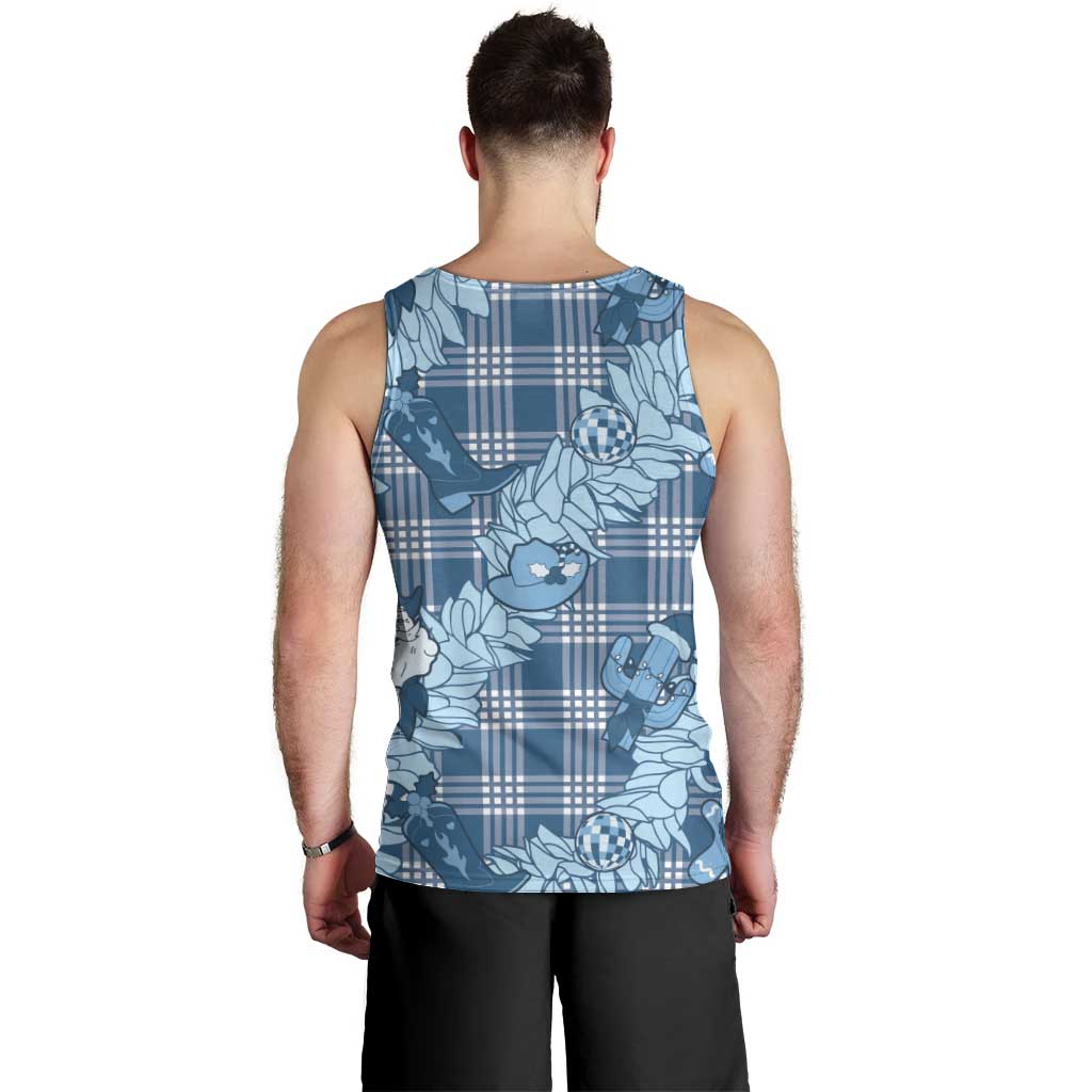 Blue Palaka Hawaii Cowboy Christmas Men Tank Top Paniolo Mix Maile Lei - Polynesian Pride