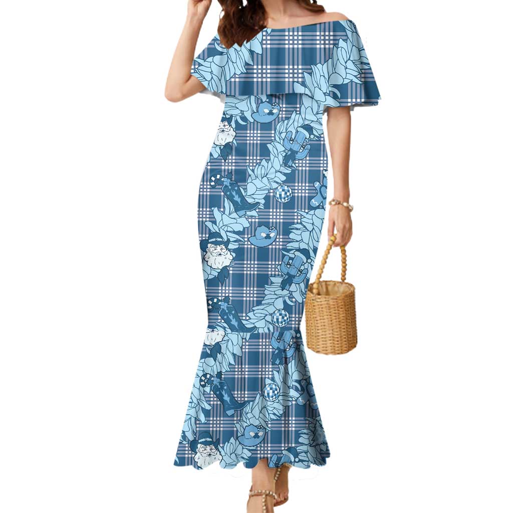 Blue Palaka Hawaii Cowboy Christmas Mermaid Dress Paniolo Mix Maile Lei - Polynesian Pride