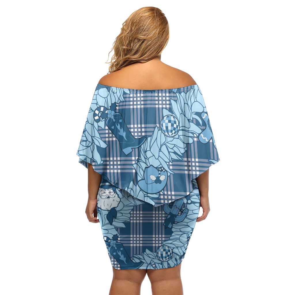 Blue Palaka Hawaii Cowboy Christmas Off Shoulder Short Dress Paniolo Mix Maile Lei - Polynesian Pride