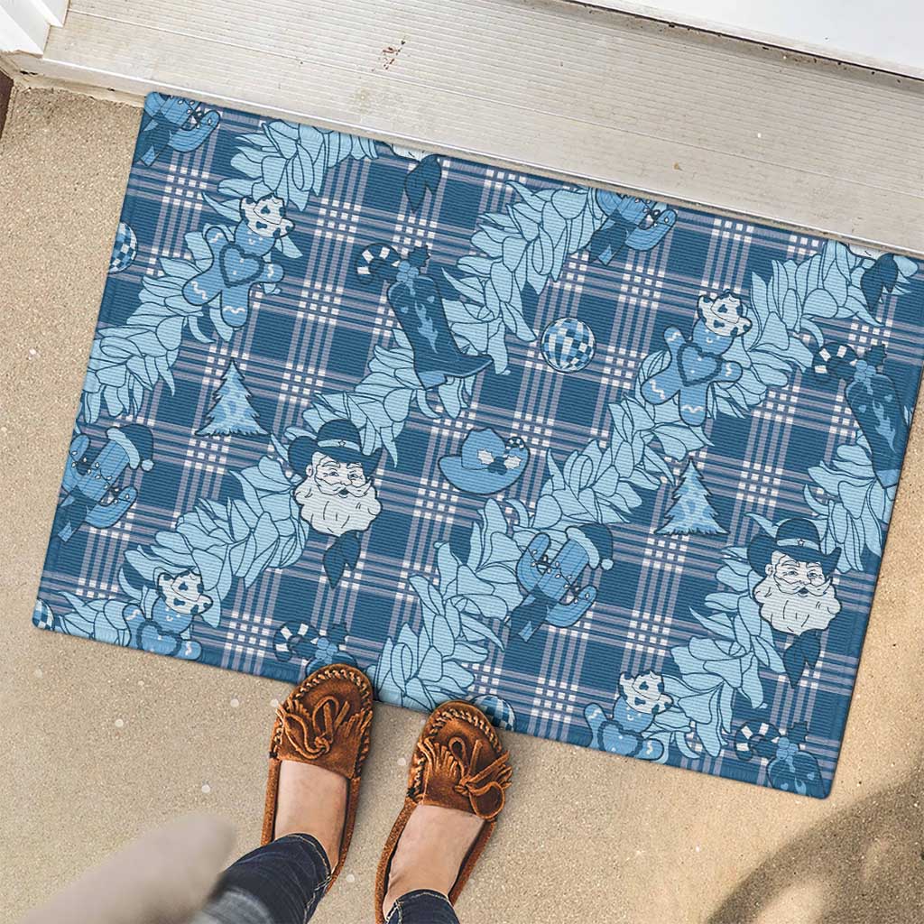 Blue Palaka Hawaii Cowboy Christmas Rubber Doormat Paniolo Mix Maile Lei - Polynesian Pride