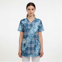 Blue Palaka Hawaii Cowboy Christmas Scrub Top Paniolo Mix Maile Lei - Polynesian Pride