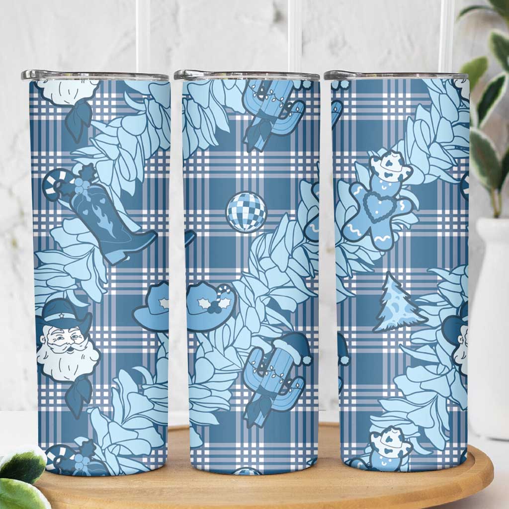Blue Palaka Hawaii Cowboy Christmas Skinny Tumbler Paniolo Mix Maile Lei - Polynesian Pride