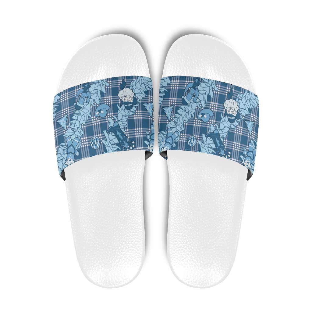 Blue Palaka Hawaii Cowboy Christmas Slide Sandals Paniolo Mix Maile Lei - Polynesian Pride