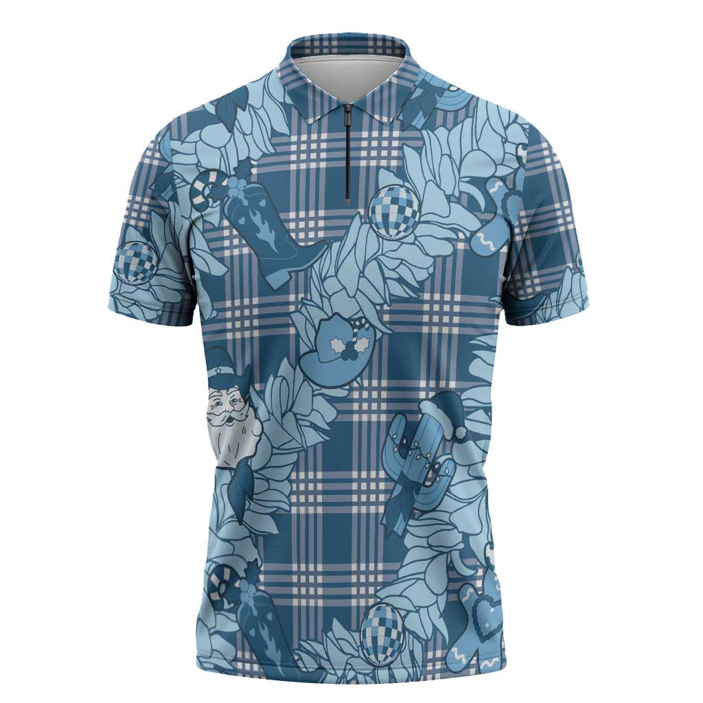 Blue Palaka Hawaii Cowboy Christmas Zipper Polo Shirt Paniolo Mix Maile Lei - Polynesian Pride