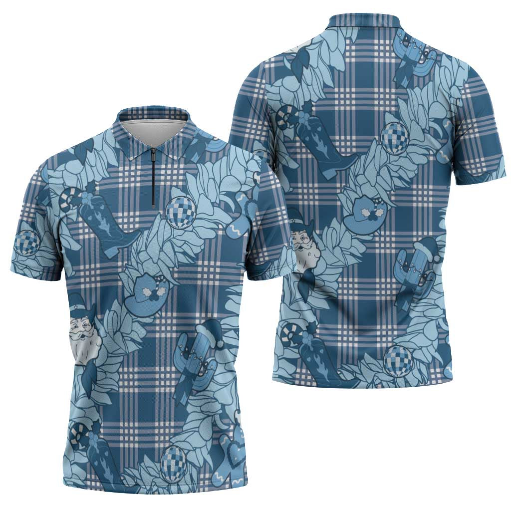 Blue Palaka Hawaii Cowboy Christmas Zipper Polo Shirt Paniolo Mix Maile Lei - Polynesian Pride
