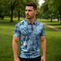 Blue Palaka Hawaii Cowboy Christmas Zipper Polo Shirt Paniolo Mix Maile Lei - Polynesian Pride