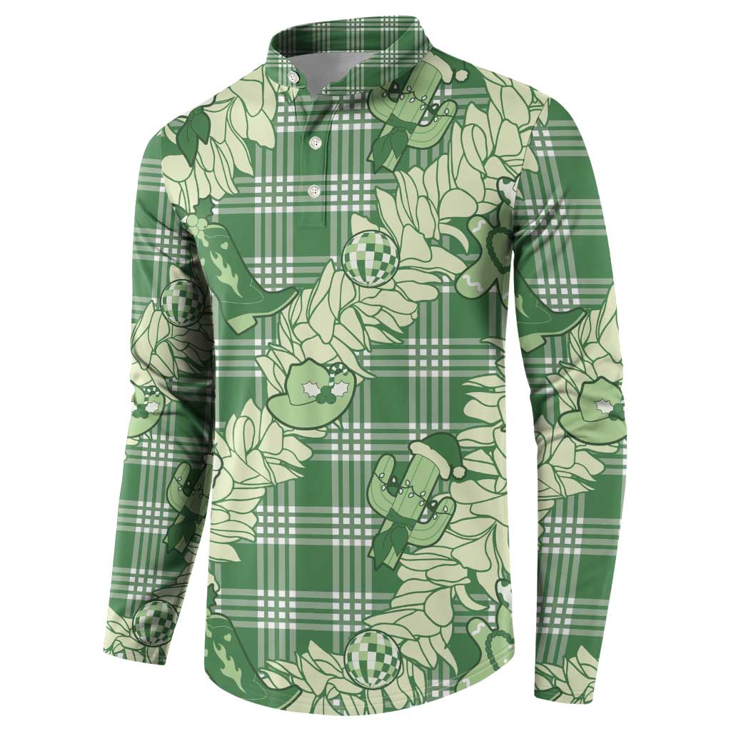Green Palaka Hawaii Cowboy Christmas Button Sweatshirt Paniolo Mix Maile Lei - Polynesian Pride