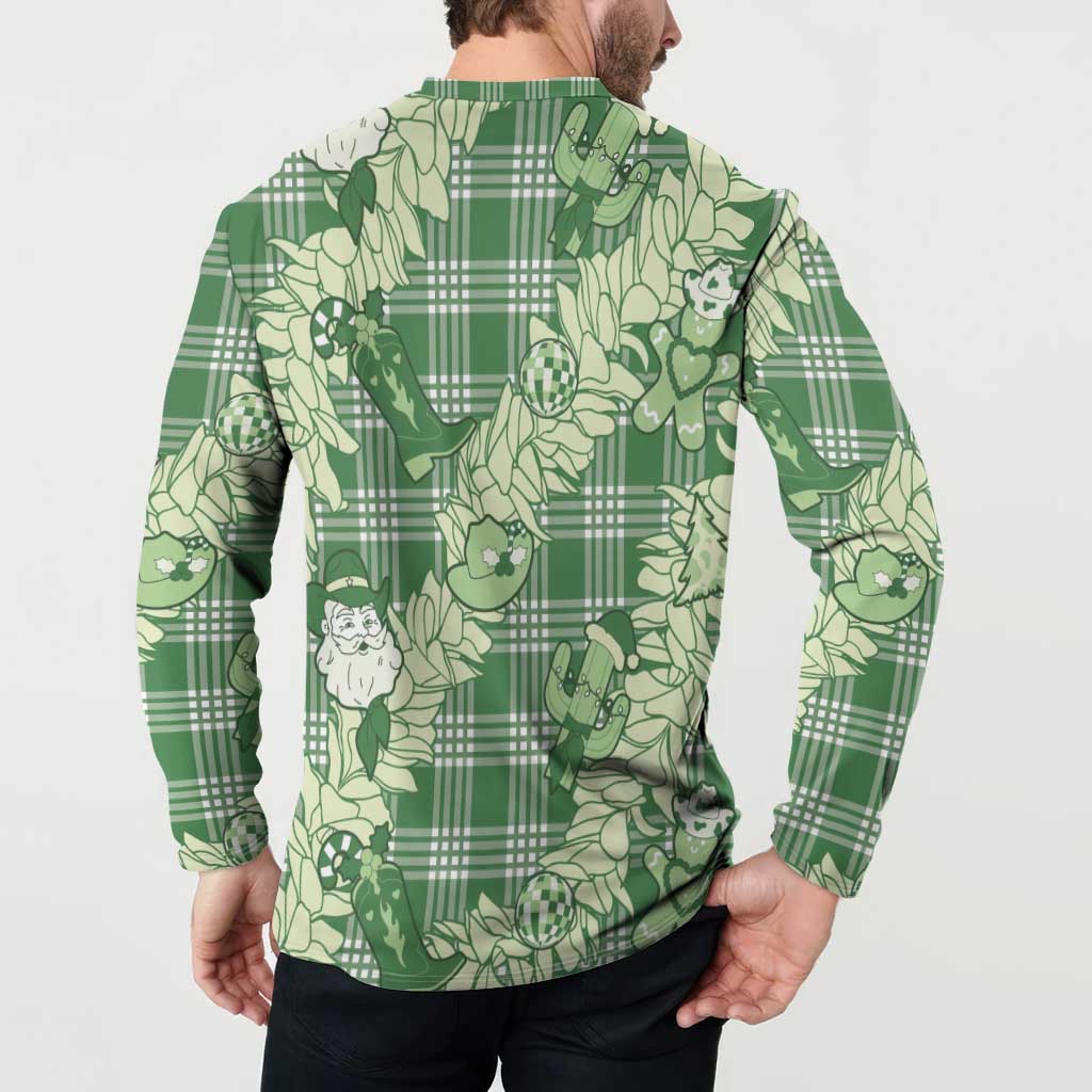 Green Palaka Hawaii Cowboy Christmas Button Sweatshirt Paniolo Mix Maile Lei - Polynesian Pride