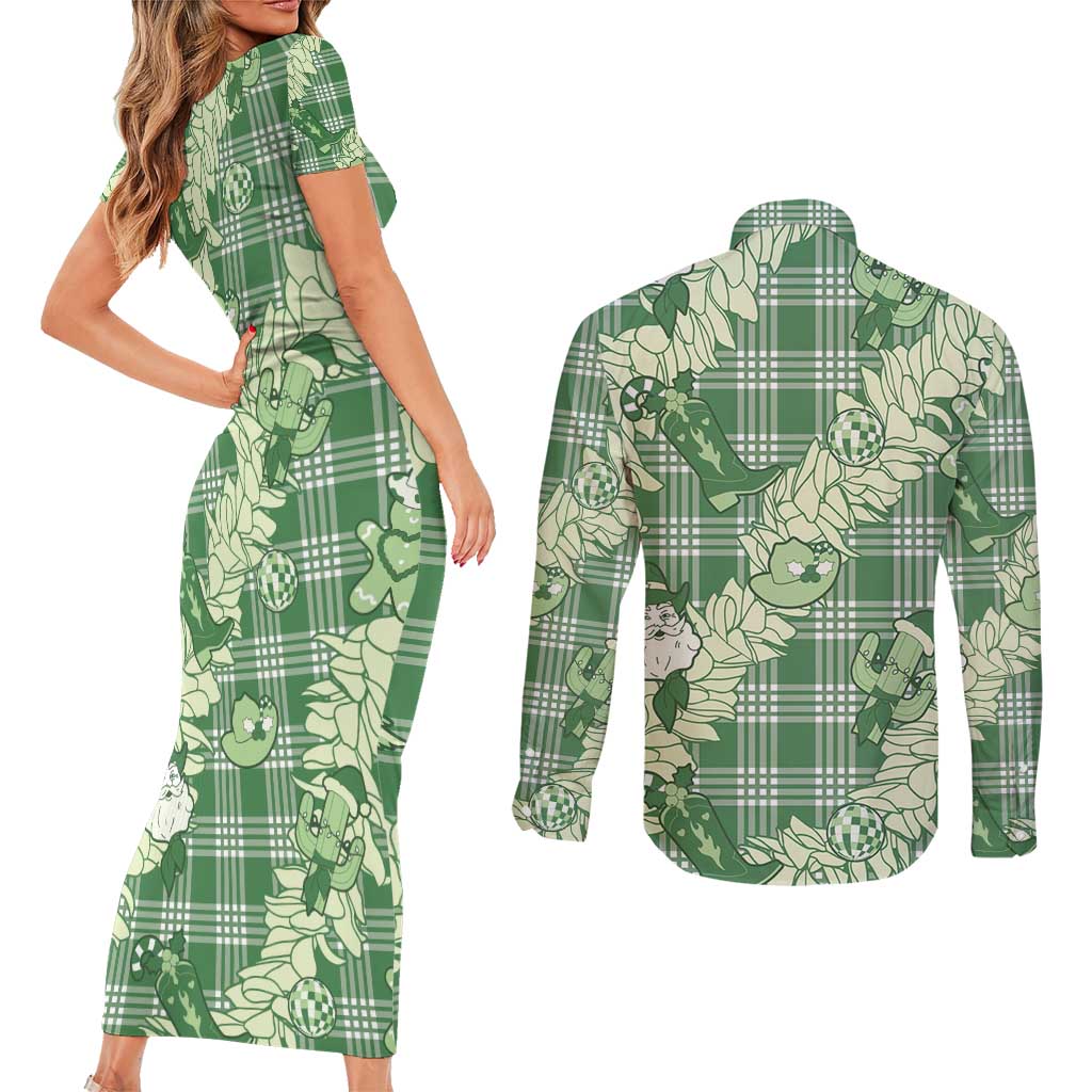 Green Palaka Hawaii Cowboy Christmas Couples Matching Short Sleeve Bodycon Dress and Long Sleeve Button Shirt Paniolo Mix Maile Lei - Polynesian Pride