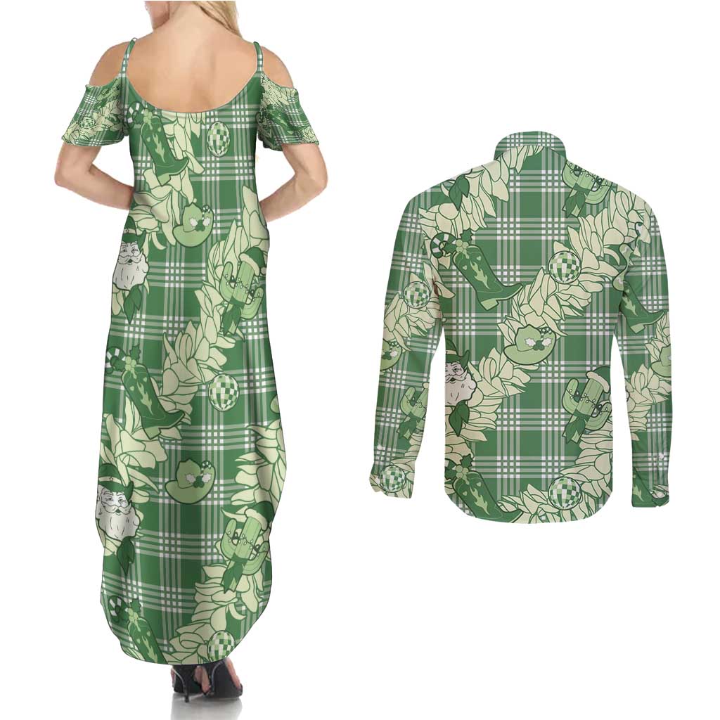 Green Palaka Hawaii Cowboy Christmas Couples Matching Summer Maxi Dress and Long Sleeve Button Shirt Paniolo Mix Maile Lei - Polynesian Pride