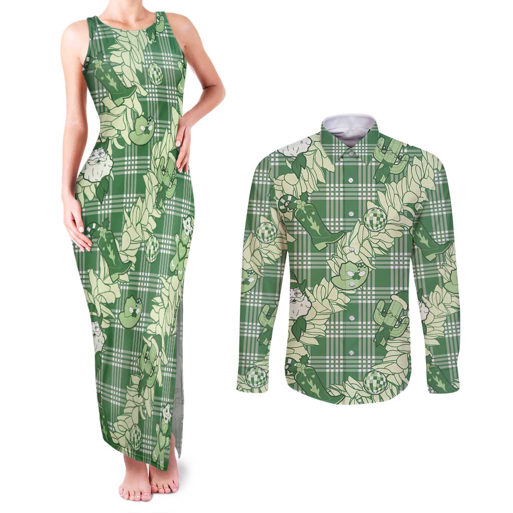 Green Palaka Hawaii Cowboy Christmas Couples Matching Tank Maxi Dress and Long Sleeve Button Shirt Paniolo Mix Maile Lei - Polynesian Pride