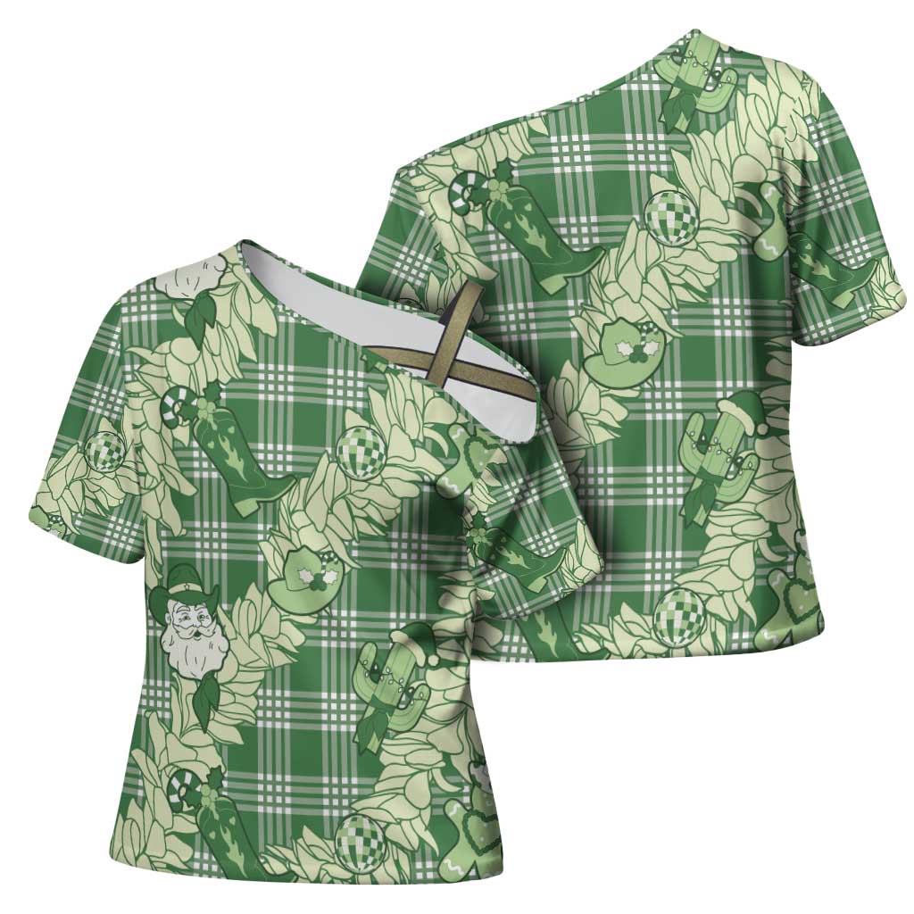 Green Palaka Hawaii Cowboy Christmas Cross Shoulder Shirt Paniolo Mix Maile Lei - Polynesian Pride