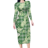 Green Palaka Hawaii Cowboy Christmas Family Matching Long Sleeve Bodycon Dress and Hawaiian Shirt Paniolo Mix Maile Lei - Polynesian Pride