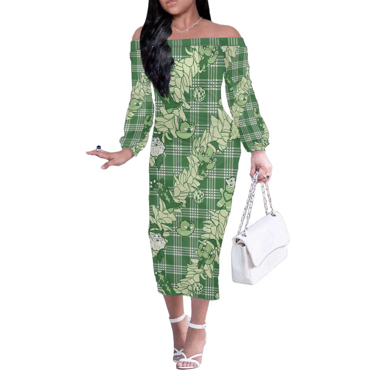 Green Palaka Hawaii Cowboy Christmas Family Matching Off The Shoulder Long Sleeve Dress and Hawaiian Shirt Paniolo Mix Maile Lei - Polynesian Pride