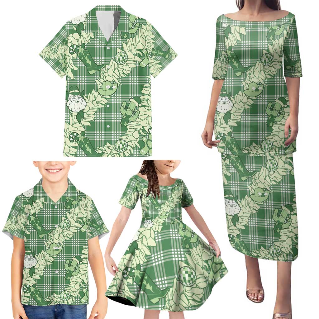 Green Palaka Hawaii Cowboy Christmas Family Matching Puletasi and Hawaiian Shirt Paniolo Mix Maile Lei - Polynesian Pride