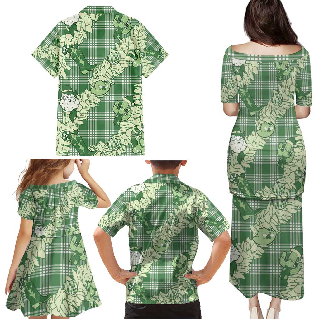 Green Palaka Hawaii Cowboy Christmas Family Matching Puletasi and Hawaiian Shirt Paniolo Mix Maile Lei - Polynesian Pride