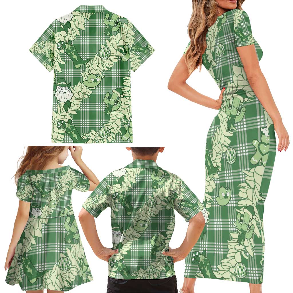 Green Palaka Hawaii Cowboy Christmas Family Matching Short Sleeve Bodycon Dress and Hawaiian Shirt Paniolo Mix Maile Lei - Polynesian Pride