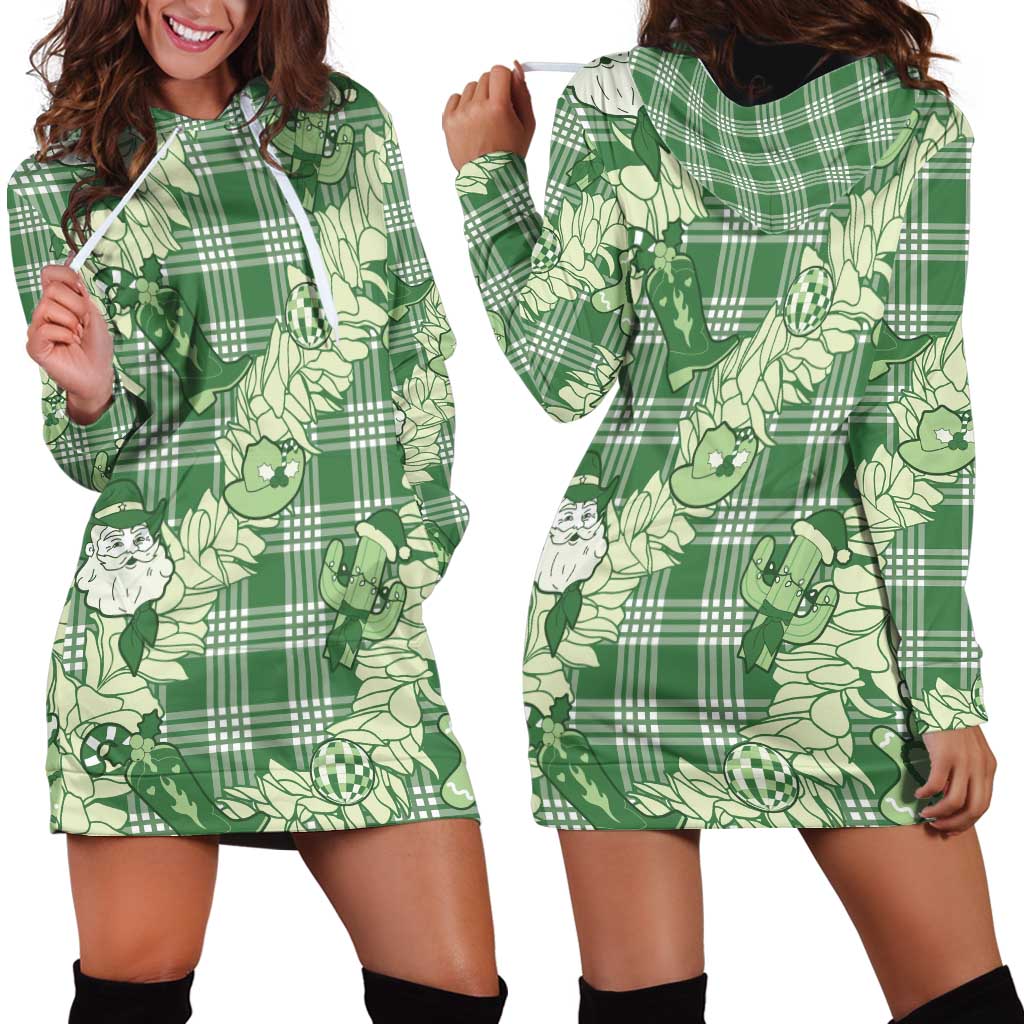Green Palaka Hawaii Cowboy Christmas Hoodie Dress Paniolo Mix Maile Lei - Polynesian Pride