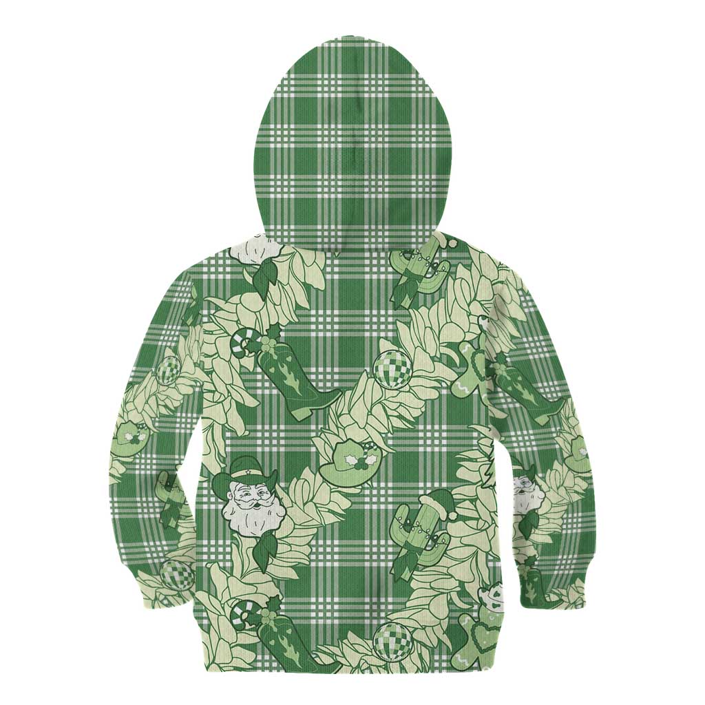 Green Palaka Hawaii Cowboy Christmas Kid Hoodie Paniolo Mix Maile Lei - Polynesian Pride