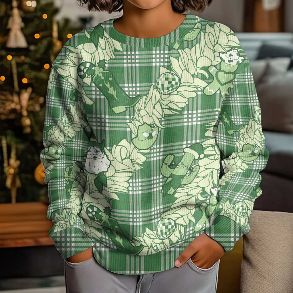 Green Palaka Hawaii Cowboy Christmas Kid Ugly Christmas Sweater Paniolo Mix Maile Lei - Polynesian Pride