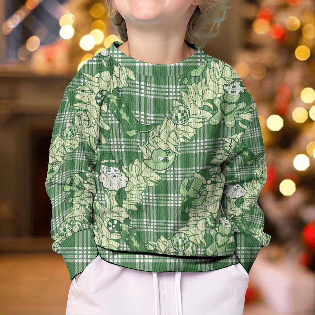 Green Palaka Hawaii Cowboy Christmas Kid Ugly Christmas Sweater Paniolo Mix Maile Lei - Polynesian Pride