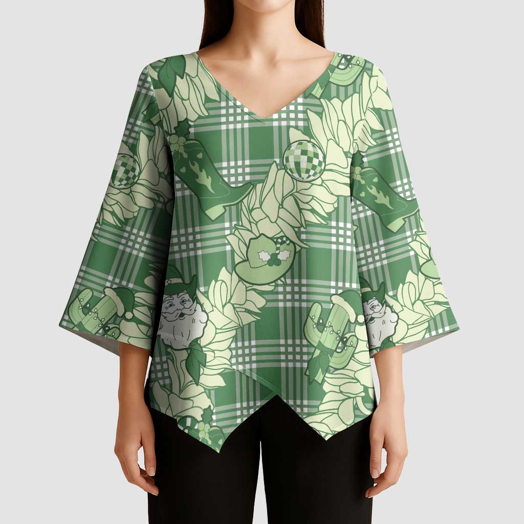 Green Palaka Hawaii Cowboy Christmas Kimono Sleeve Blouse Paniolo Mix Maile Lei - Polynesian Pride