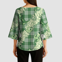 Green Palaka Hawaii Cowboy Christmas Kimono Sleeve Blouse Paniolo Mix Maile Lei - Polynesian Pride