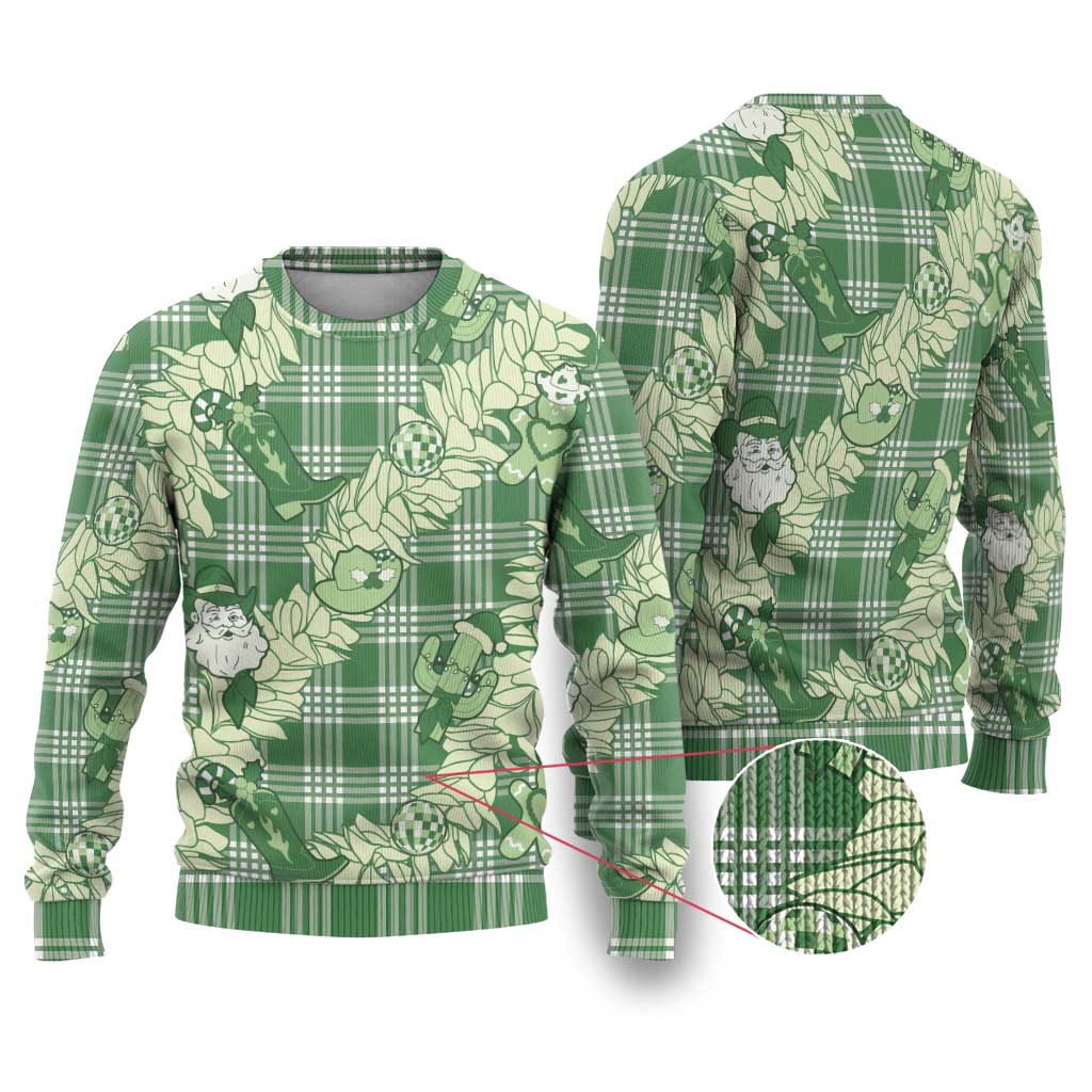 Green Palaka Hawaii Cowboy Christmas Ugly Christmas Sweater Paniolo Mix Maile Lei - Polynesian Pride
