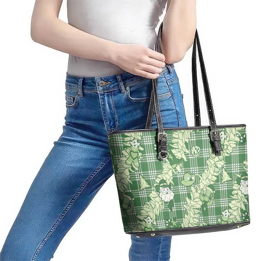 Green Palaka Hawaii Cowboy Christmas Leather Tote Bag Paniolo Mix Maile Lei - Polynesian Pride