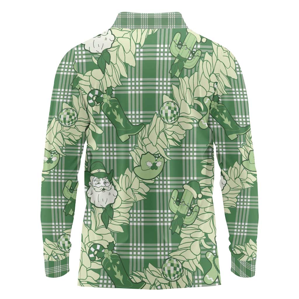 Green Palaka Hawaii Cowboy Christmas Long Sleeve Polo Shirt Paniolo Mix Maile Lei - Polynesian Pride