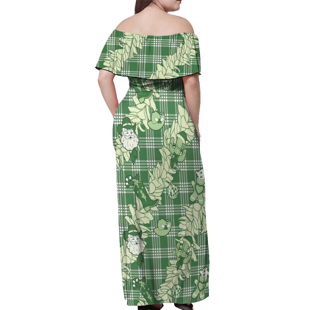 Green Palaka Hawaii Cowboy Christmas Off Shoulder Maxi Dress Paniolo Mix Maile Lei - Polynesian Pride