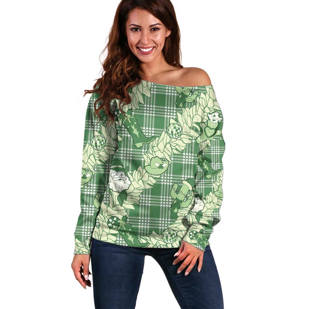 Green Palaka Hawaii Cowboy Christmas Off Shoulder Sweater Paniolo Mix Maile Lei - Polynesian Pride