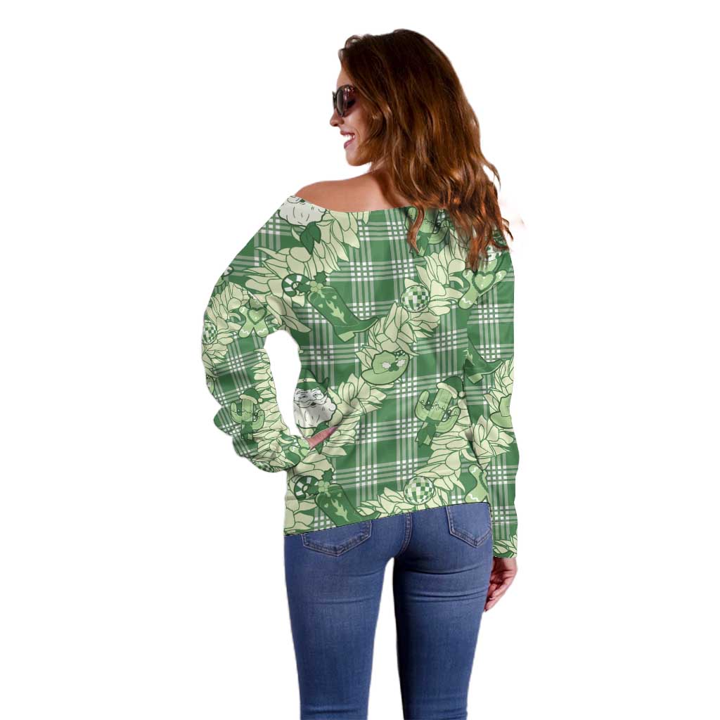 Green Palaka Hawaii Cowboy Christmas Off Shoulder Sweater Paniolo Mix Maile Lei - Polynesian Pride