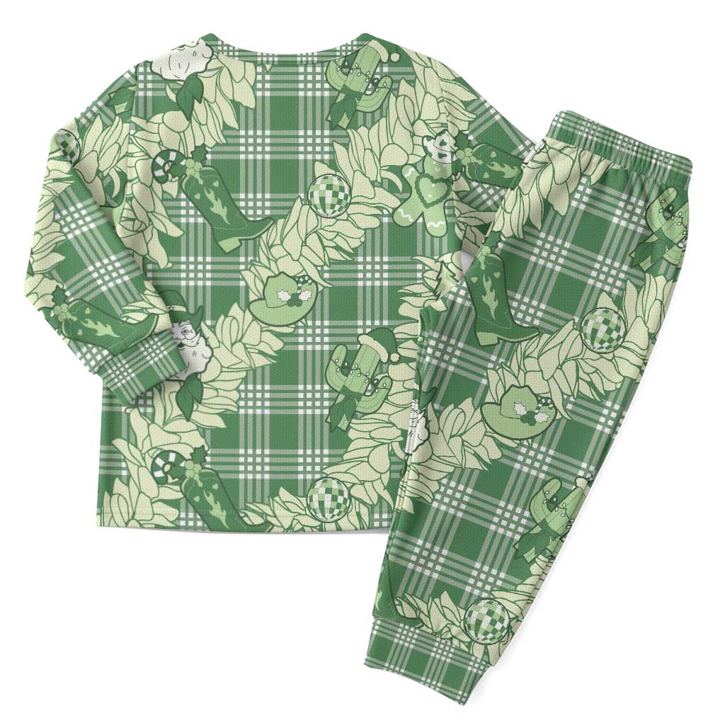 Green Palaka Hawaii Cowboy Christmas Pajama Set Paniolo Mix Maile Lei - Polynesian Pride