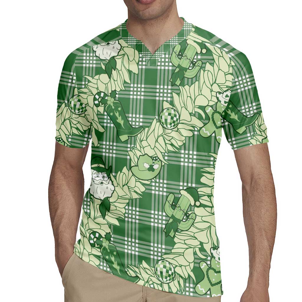 Green Palaka Hawaii Cowboy Christmas Rugby Jersey Paniolo Mix Maile Lei - Polynesian Pride