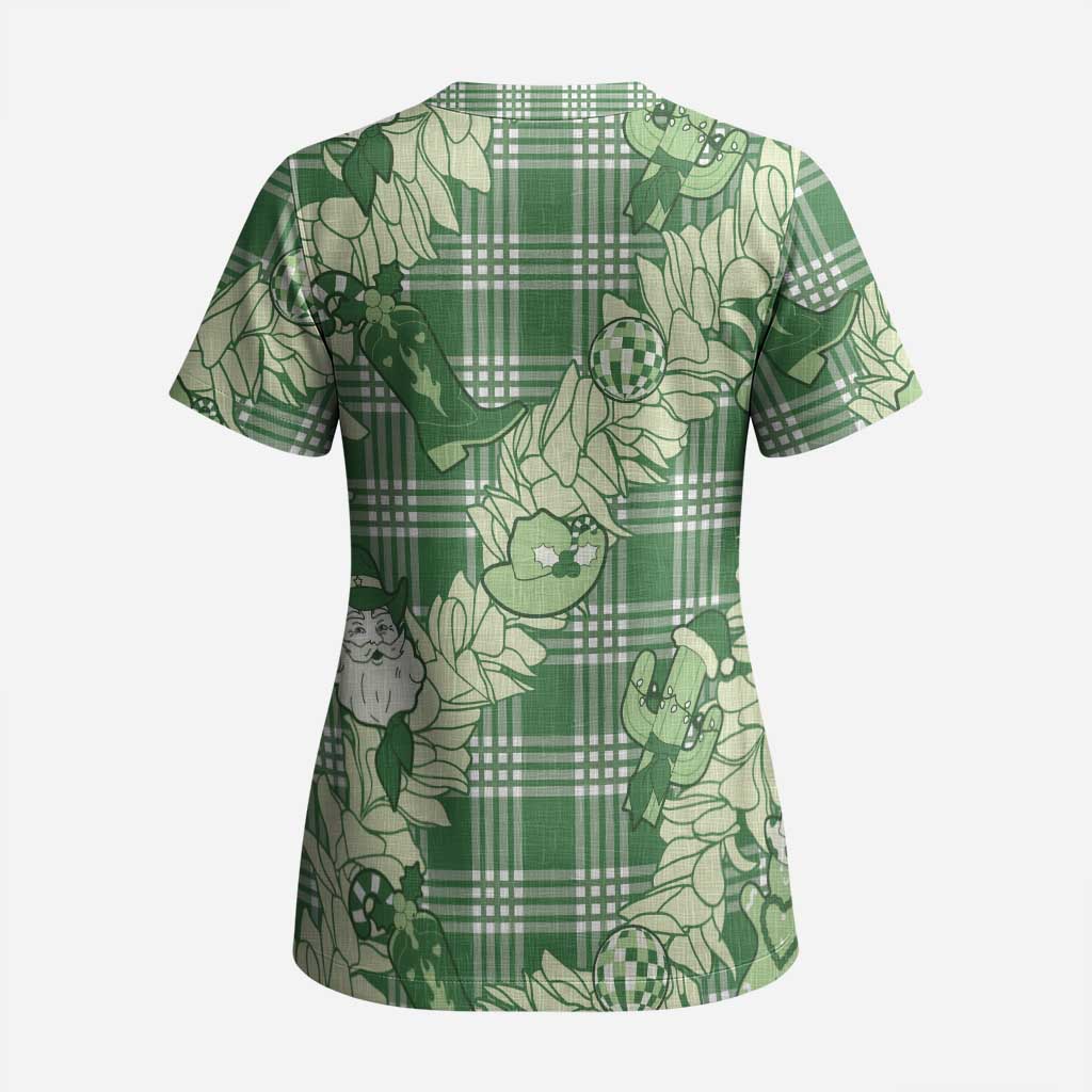 Green Palaka Hawaii Cowboy Christmas Scrub Top Paniolo Mix Maile Lei - Polynesian Pride