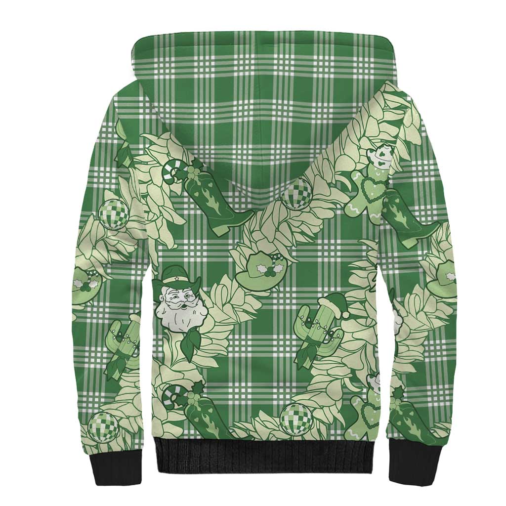 Green Palaka Hawaii Cowboy Christmas Sherpa Hoodie Paniolo Mix Maile Lei - Polynesian Pride